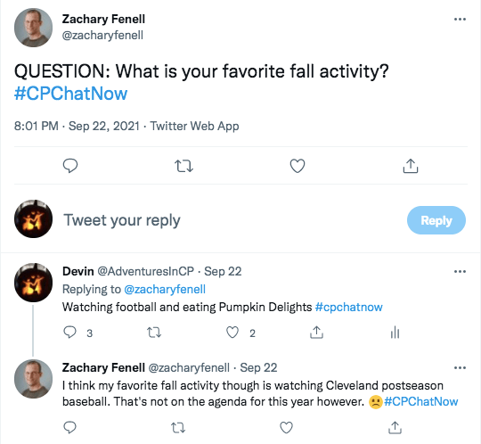 zach asks what members favorite fall activities are, i tweet watching football and eating pumpkin delights, zach tweeted his favorite fall activity is watching Cleveland postseason baseball, but not this year 