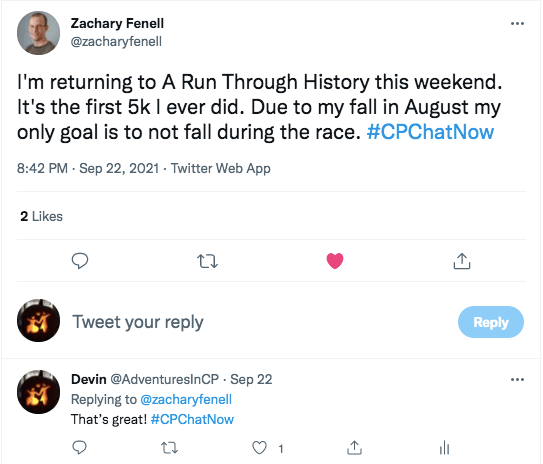 zach tweets he is doing a run through history 5k this weekend and his goal is to not fall during the race. i tweet my encouragement 