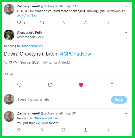 Alessandro answers the question, "What do you find harder, moving uphill or downhill?"