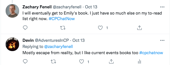 zach tweets he will eventually get to emily's book, but he has other things on his list. i tweet i mostly escape reality, but i like current event books.