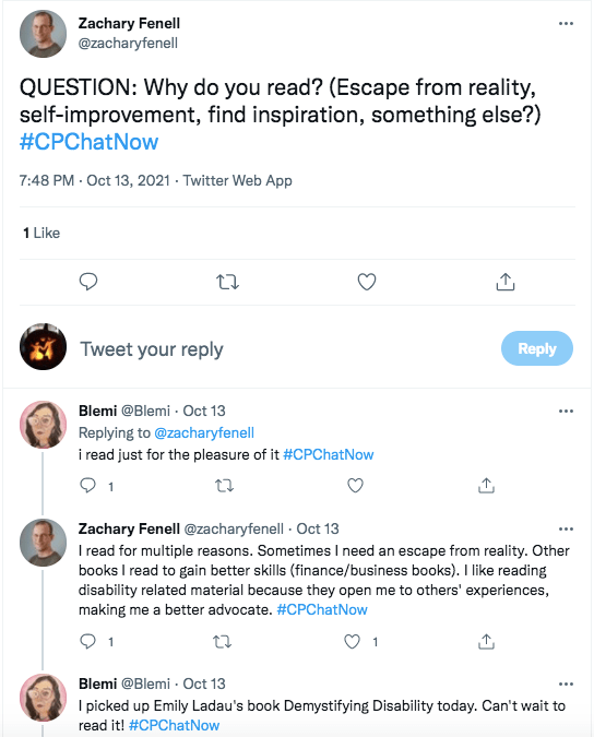zach asks why members read and offers some reasons such as escape from reality, self-improvement, inspiration. blemi tweets she reads for the pleasure of it. zach tweeted he read for multiple reasons, sometimes escape from reality, others better skills (finance), or disability related material because they open him to other's experiences. blemi tweeted she picked up Emily Ladau's book Demystifying Disability 