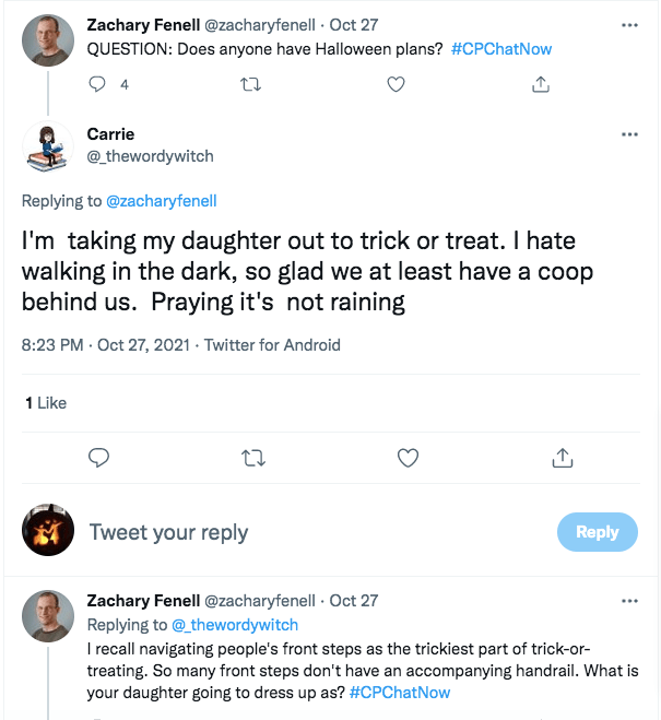 zach asks if anyone has halloween plans, carrie tweets she is taking her daughter out to trick or treat and that she hates walking in the dark so she is glad she has a coop behind her and she is praying it is not raining, zach tweets navigating front steps is the trickiest part of trick or treating and many front steps don't have a handrail 