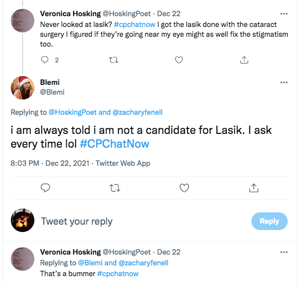 veronica asked if members have looked at lasik stating she got lasik done after her cataract surgery to fix her stigmatism, blemi tweeted she is always told she is not a candidate for lasik 