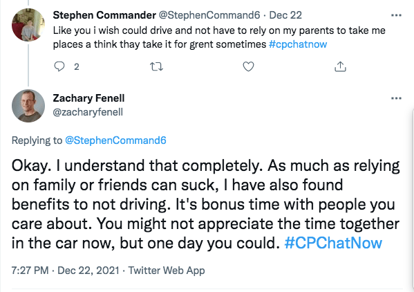 zach responds to stephen by saying he understands, but he has found benefits to not driving by spending bonus time with people he cares about 