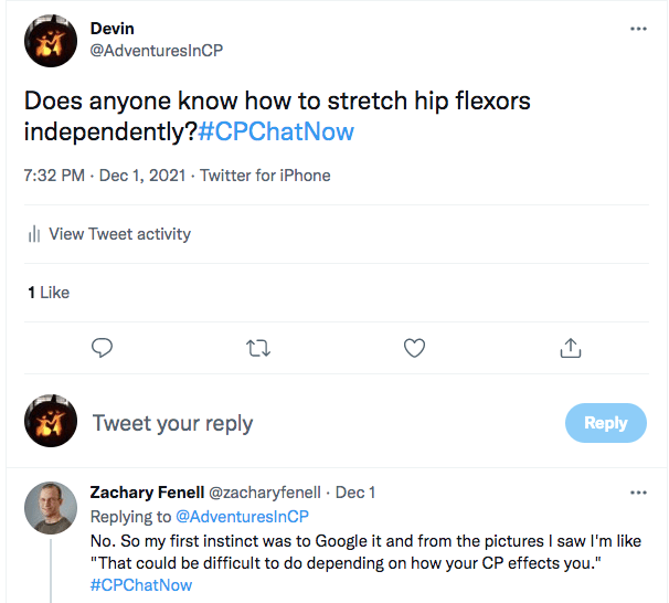i ask if anyone knew how to stretch hip flexors independently. zach tweeted no, but on googling it would be hard for him to do himself. 