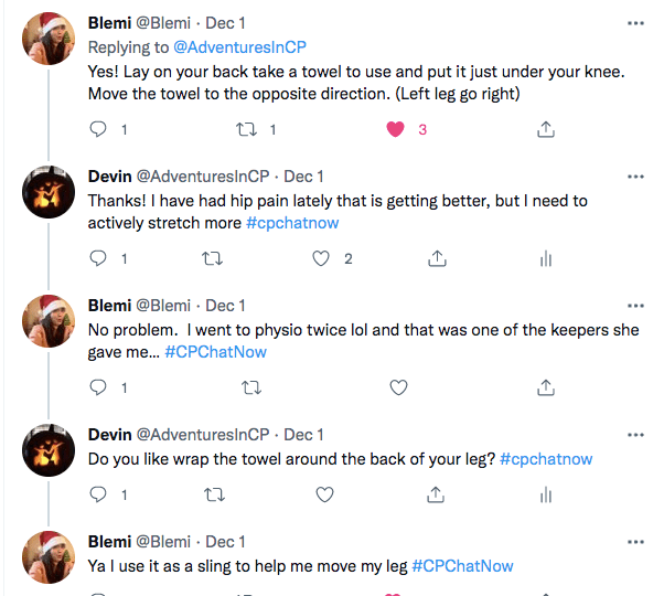 blemi tweeted to lay on your back with a towel under your knee while moving the towel in the opposite direction, i tweeted i have had hip pain lately, blemi tweeted she got the stretch from her pt and she wraps the towel like a sling to move her leg