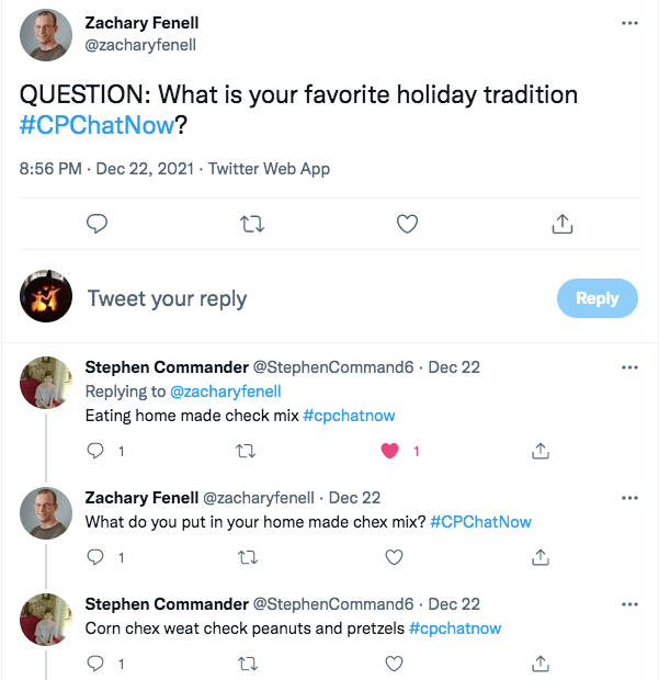 zach asks what members favorite holiday traditions are. stephen said eating homemade chex mix with corn and wheat chex, peanuts, and pretzels 