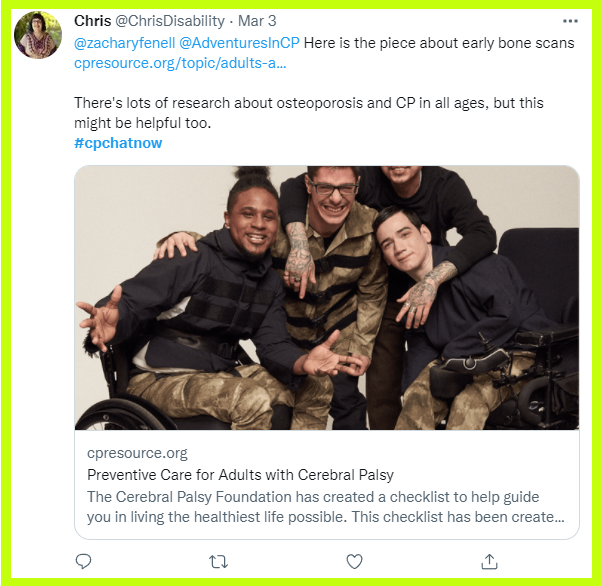 Chris shares with #CPChatNow an article from cpresource.org about preventive care for adults with cerebral palsy.