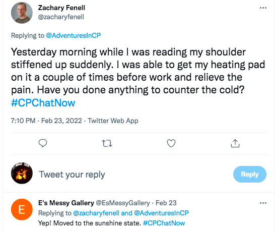 zach tweets his shoulder stiffened up while reading. he tweets he got his heating pad out to relieve the pain. he asked what people do to counter the cold, erin tweeted she moved to florida 