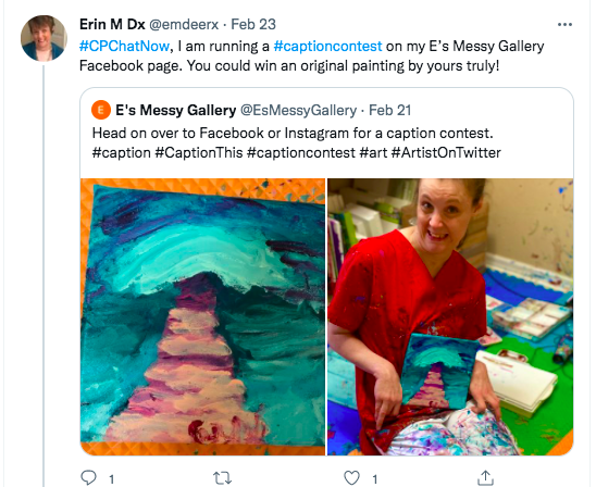 erin announced a caption contest for her messy gallery facebook page, tweet has images of erin's paintings and her holding a painting 