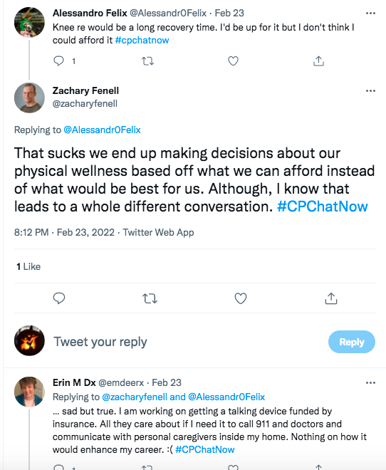 alessandro discusses the possibility of knee replacement, but says he can't afford it, zach tweets it sucks we make decisions about wellness based on what we can afford vs what is best for us, erin shares an example of getting a talking device funding by insurance and tweets about how they don't care if it enhances her career