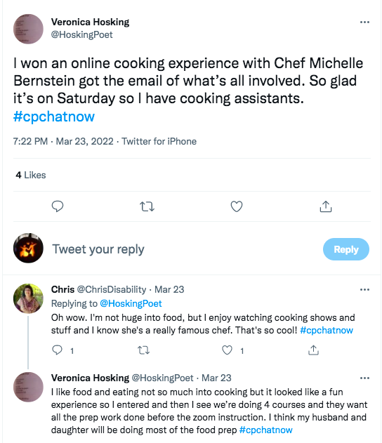 veronica tweets she won an online cooking experience with chef michelle bernstein and she was glad it's on saturday so she has assistants chris tweets she enjoys cooking shows and knows she's. veronica tweeted it looks like a fun experience and then she say they want 4 courses and all the prep work done before teh instruction