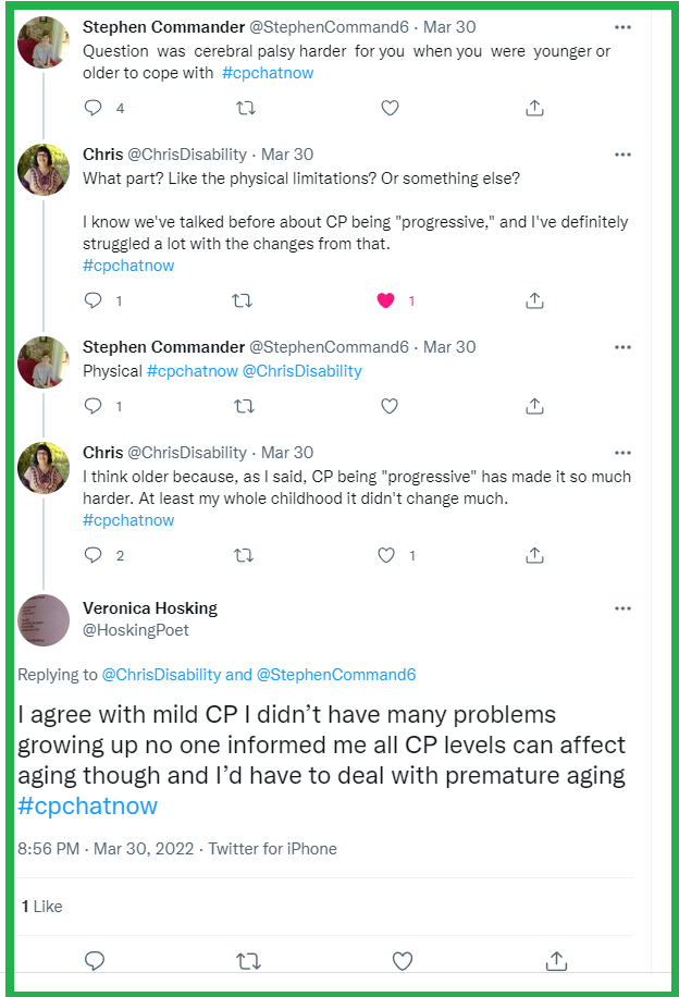 Participants in #CPChatNow discuss cerebral palsy and premature aging. 