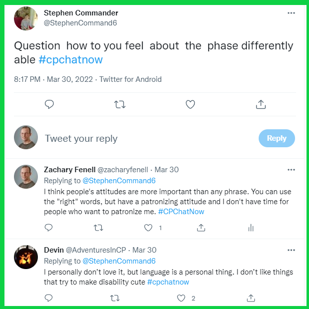 Stephen asks #CPChatNow participants about their thoughts on the phrase "differently abled."