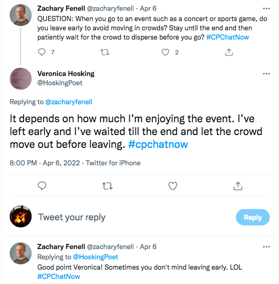 zach asks if members leave early at big events to avoid crowds or stay until the end and wait for the crowd to disperse. veronica tweets it depends on how much she is enjoying the event, she sometimes leaves early and sometimes waits until the end. 