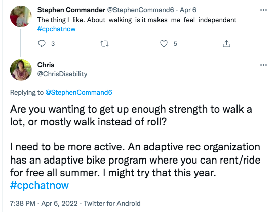 chris asks stephen if he wants to get enough strength to walk or walk instead of roll, chris tweets she needs to be more active and might explore an adaptive bike program 