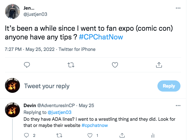 jen tweets she is going to a comic con and asks if anyone has any tips, i ask if they have any ADA lines and advised her to check the website 
