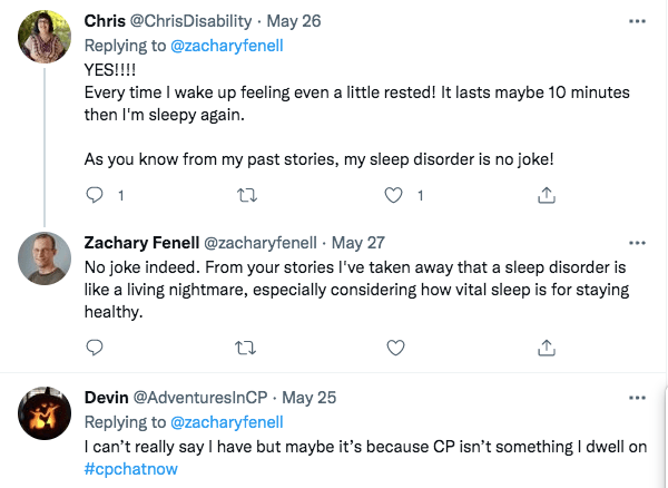 chris tweets when wakes up feeling a little rested and that lasts 10 minutes, zach tweets that having a sleeping disorder must be a living nightmare, i tweet that i can't say i have, but i don't dwell on it 