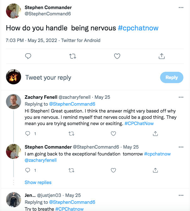 stephen asks how members deal with feeling nervous, zach tweets the answer depends on why he's nervous, and that the nerves might be a good thing and that they might be trying something new, stepehn tweets he is going back to the exceptional foundation, jen tweets she tries to breathe 