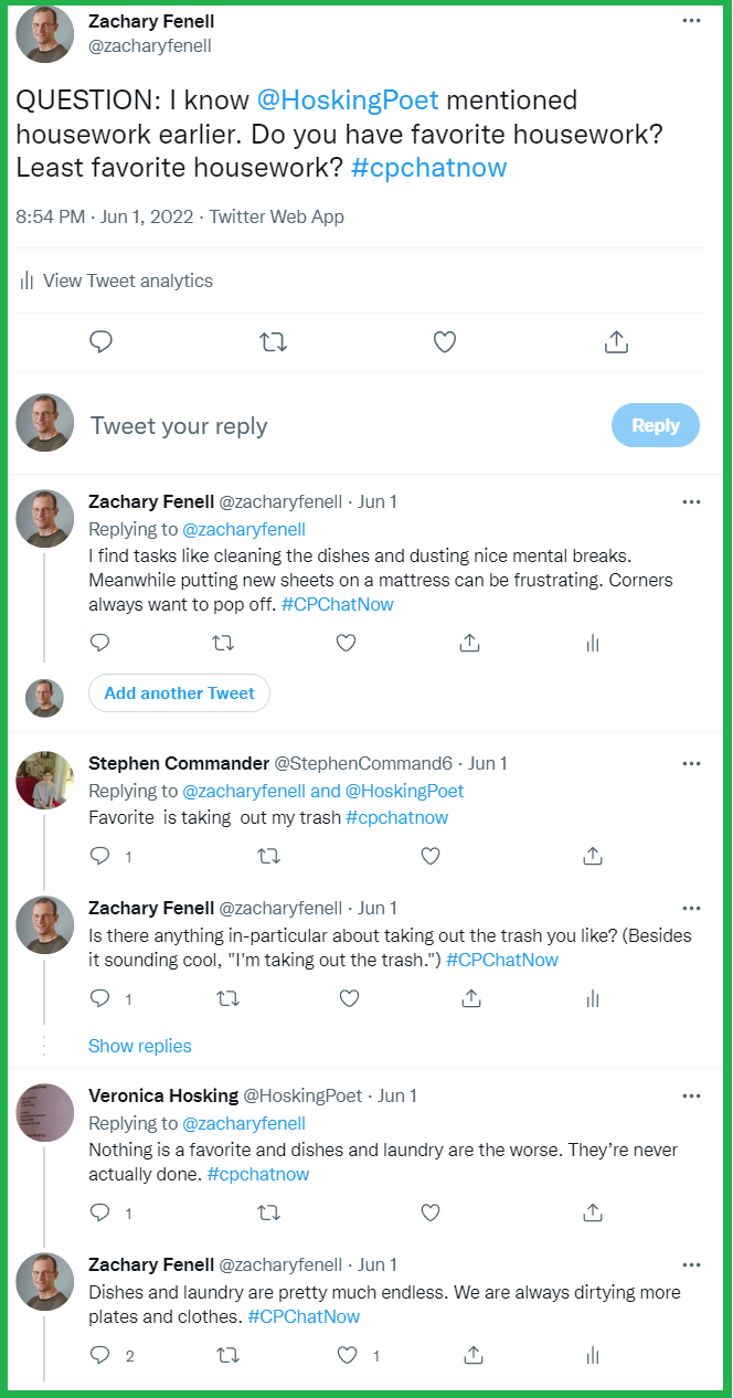 Participants in #CPChatNow discuss their favorite and least favorite housework. 