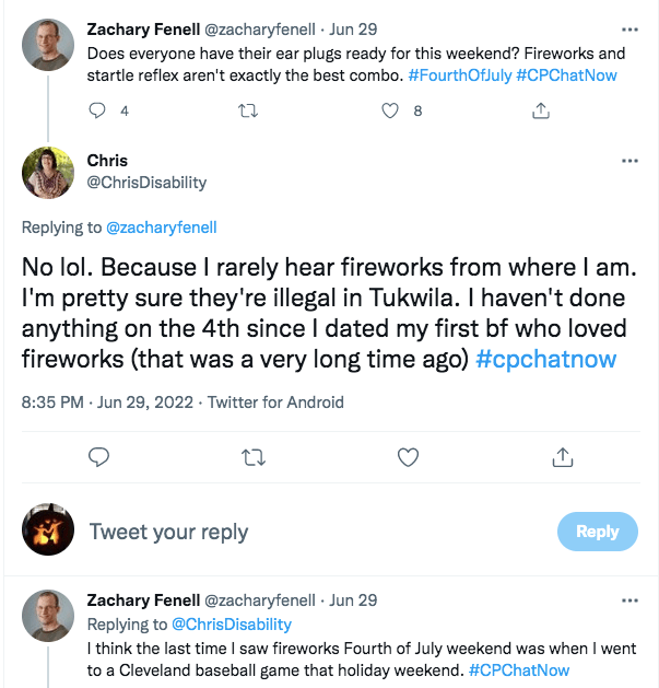 zach asks if people have their earplugs ready for the 4th, chris tweets no because she rarely hears fireworks, zach tweets the last time he saw fireworks was at a cleveland baseball game.