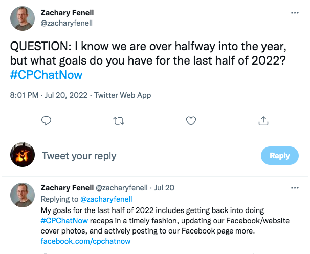 zach asks about goals for 2022 and tweets he would like to do recaps in a more timely fashion, updating facebook/website cover photos, posting to facebook page more 