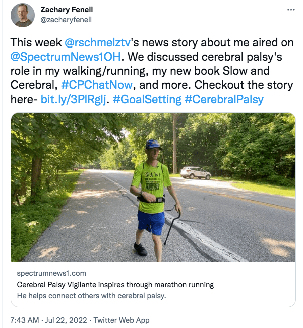 zach shares the spectrum 1 news story about him walking and running and his new book slow and cerebral. there is an image of zach in green shirt and blue baseball cap with blue shorts walking 