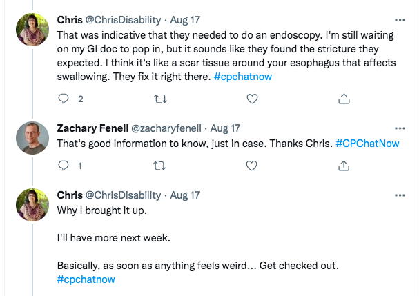 chris tweets about tests she has done to find issues with her swallowing. zach tweets that is good information to have and chris tweets as soon as anything feels weird it should be checked out. 