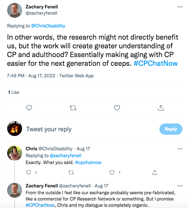 zach tweets that the research might not benefit us, but it will create greater understanding of cp and adulthood making aging easier for the next generation 