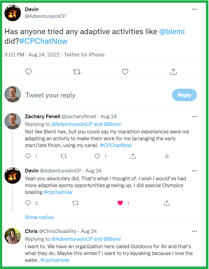 Participants in #CPChatNow discuss  adaptive activities. 