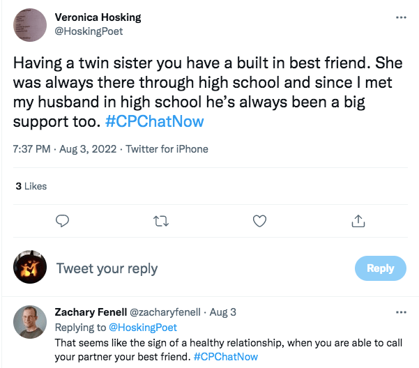 veronica tweeted about her twin sister being a built in best friend and her husband is a big support. zach tweets that is the sign of a healthy relationship to call your husband your best friend. 