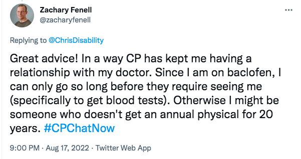 zach tweets that cp has kept him having a relationship with his doctor since he is on baclofen and needs regular blood tests 