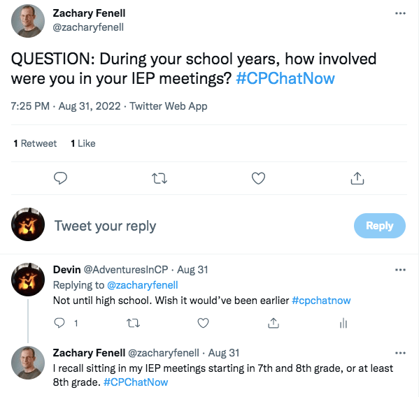zach asks how involved people were in their IEP meetings. i tweeted not until high school, but i wish it would've been earlier, zach said he started in 7th and 8th grade.