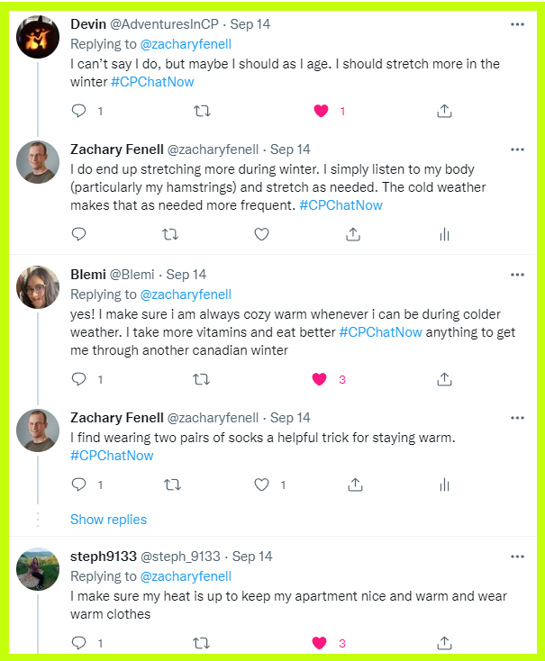 #CPChatNow Participants discusses self-care habits they utilize during colder months.