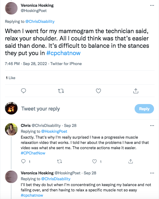 veronica and chris tweet about difficulty relaxing during things like mammograms and chris tweeted her therapist's video with concrete actions help. veronica tweeted it is hard to relax when trying not to fall over
