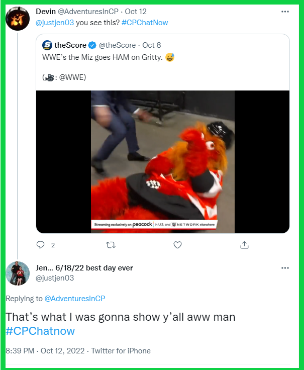 Participants in the #CPChatNow community bond over mascot Gritty appearing at WWE Extreme Rules. 