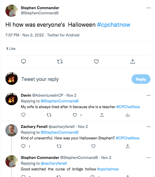 stepehn asks how everyone's halloween was. i tweeted my wife is tired because is a teacher. zach tweets his was uneventful and stephen watched the curse of bridge hollow