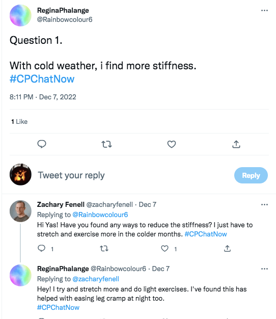 regina tweeted she feels more stiffness with cold weather. zach asks if she has found any ways to reduce the stiffness, stating he tries stretching and exercising. she tweeted she stretches and does light exercises which help easing leg cramps.