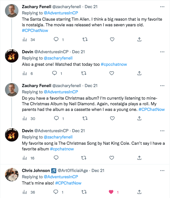 zach tweets his favorite movie is the santa clause. i tweeted i watched that today. zach asks if people have a favorite christmas album and tweets his is the christmas album by neil diamond. i tweeted my favorite song is the christmas song by nat king cole. chris tweeted that is his as well.