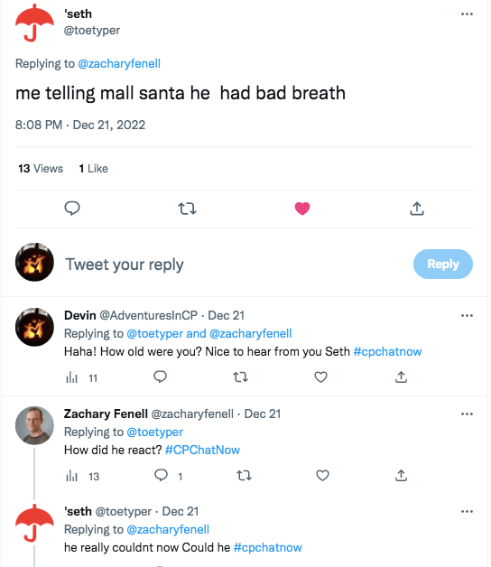 seth tweeted about the time he told santa he had bad breath. zach asked how he reacted. seth said he really couldn't react. 