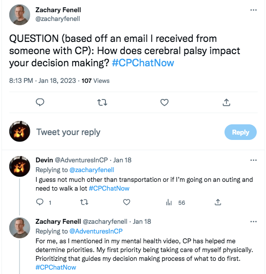 zach asks how cp impacts members decision making. i tweeted about transportation or if i'm going somewhere and need to walk a lot. zach tweets about cp helping determine priorities with the first one being to take care of himself physically and prioritizing that guides decision making on what to do first. 