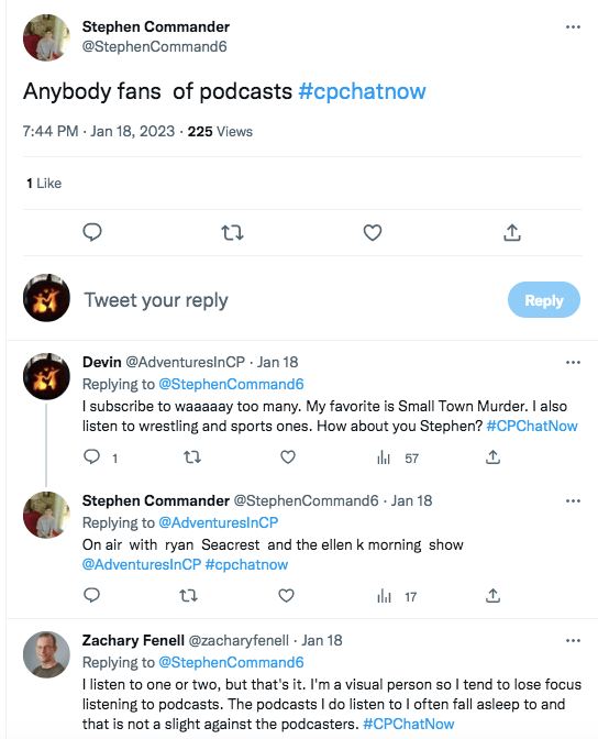 Stephen asks if people are fans of podcasts, i tweet i am fans of way too many with my favorite small town murder and wrestling and sports ones. Stephen tweets he likes on air with ryan seacrest and the ellen k morning show and zach tweets he listens to one or two, but he is a visual person so he mainly falls asleep to them.