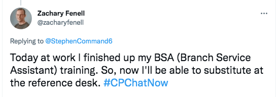 zach tweets he finished his branch service assistant training and he can now substitute at the reference desk