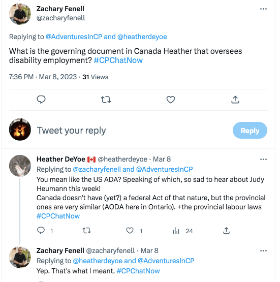 zach asks about the governing law of disability in Canada. she says that Canada doesn't have a federal law, but the provinces have their own laws. 