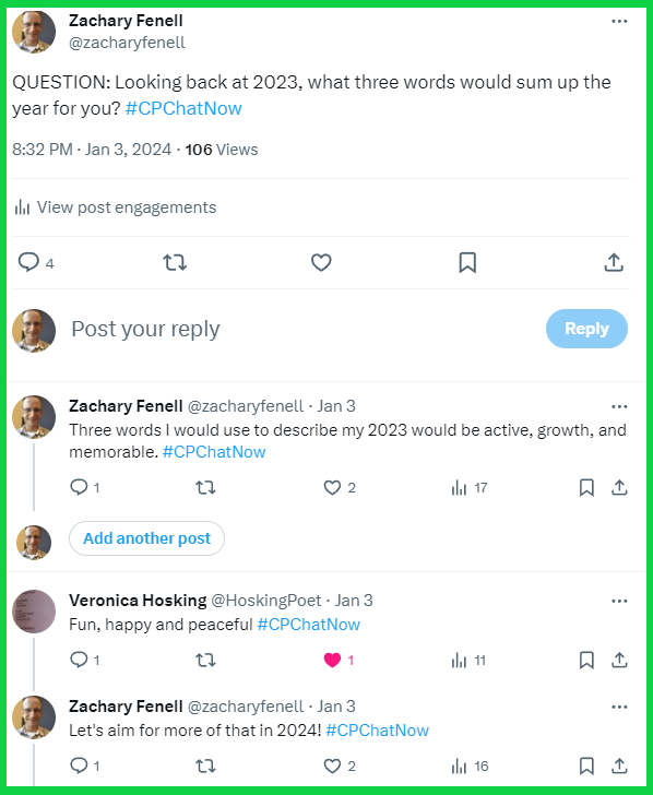 #CPChatNow participants answer the question, "Looking back at 2023, what three words would sum up the year for you?"