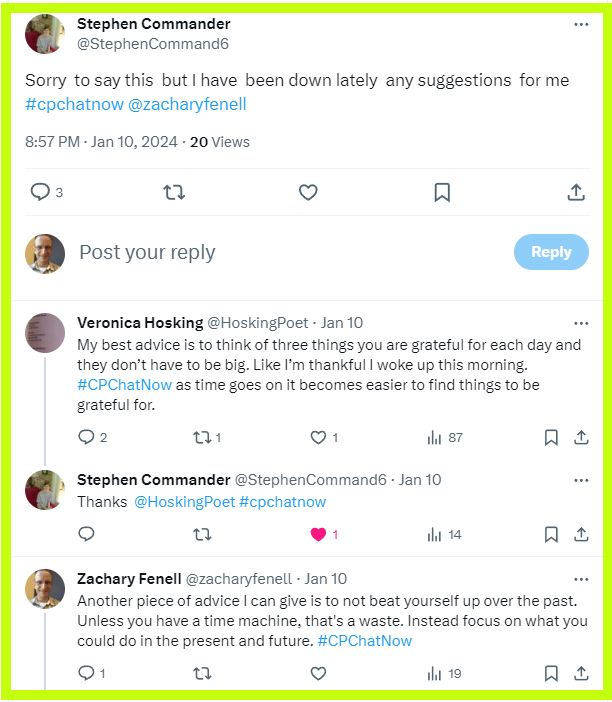 Veronica and Zachary offer Stephen suggestions to help lift Stephen's spirits.