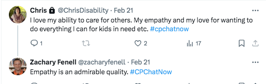 chris tweeted she loves her ability to  care for others including her empathy and love for others. zach tweets empathy is an admirable quality 