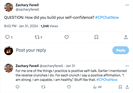 zach asked how members build self confidence and stated he practiced positive self talk during reverse crunches