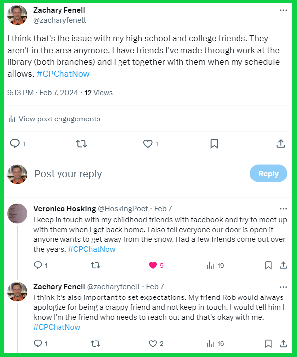 Veronica and Zachary talk about keeping in touch with friends.