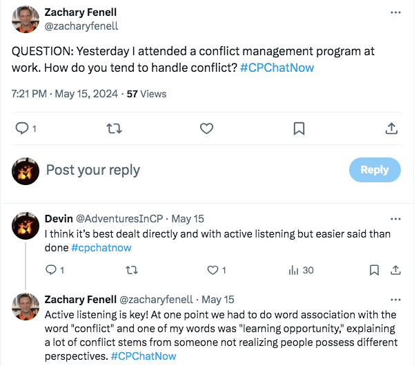 zach talked about attending a conflict management program at work and discussed how to handle conflict. i tweeted it is best dealt with directly and with active listening. zach tweeted active listening is key and one of his coworkers said conflict is learning opportunity 